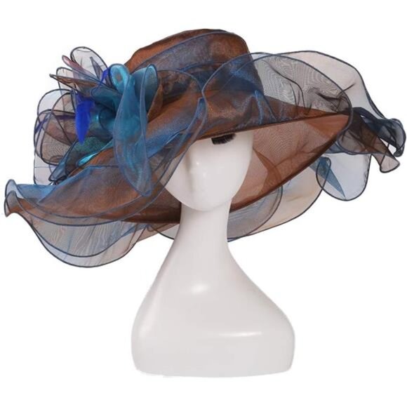 Women Sun Hat Church Wide Brim Brown Blue - Picture 4 of 7